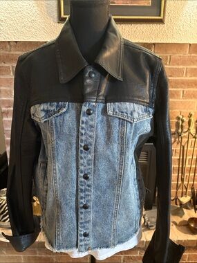 Blank NYC Black Leather & Blue Denim Mixed-Media Bomber Jacket